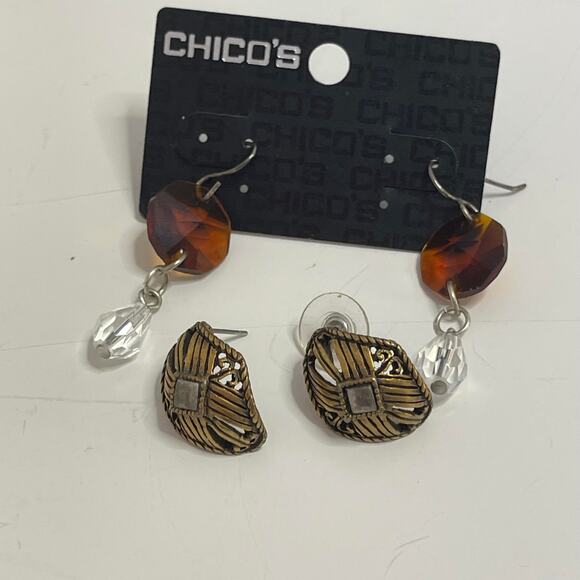 Chico's Set of two pair earrings one new dangle one pierce gold tone jewelry - Picture 1 of 10